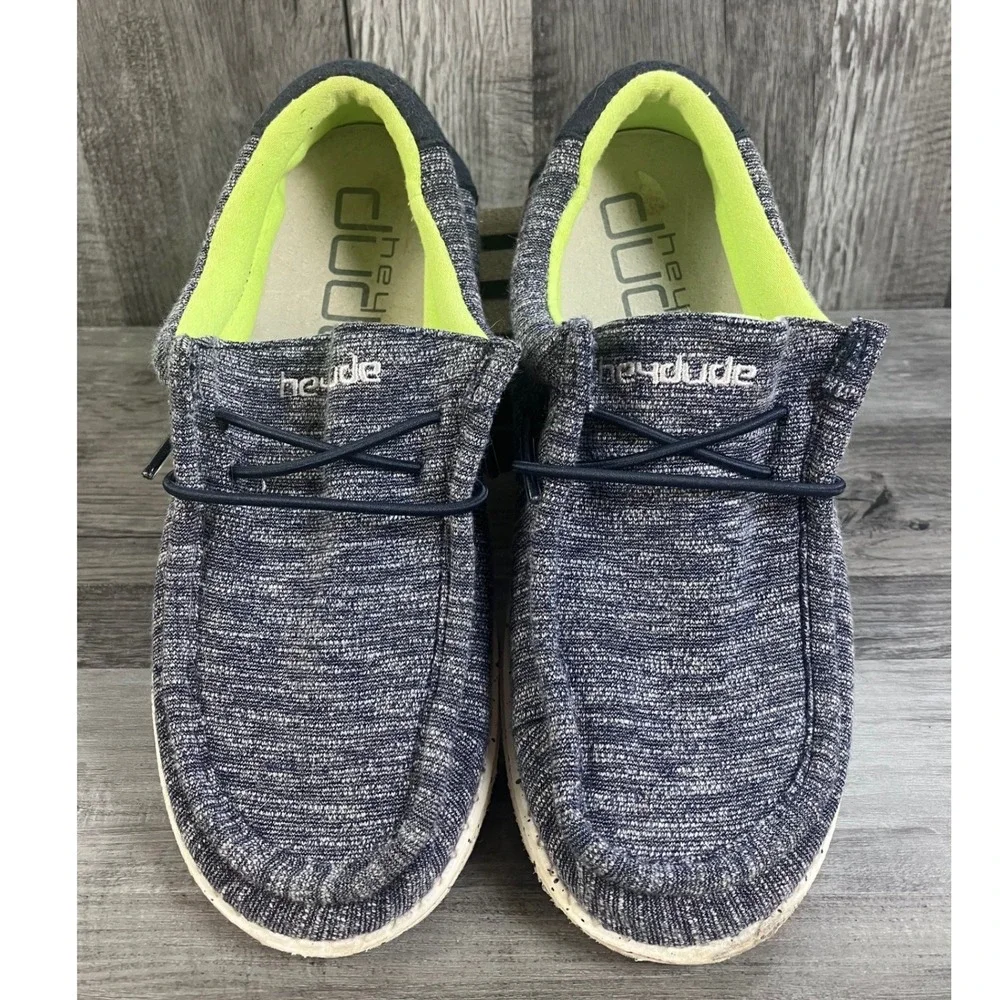 Hey Dude Wally Youth Stretch Naval Speckle Navy Neon Lime Loafers Size Y2 EU 34